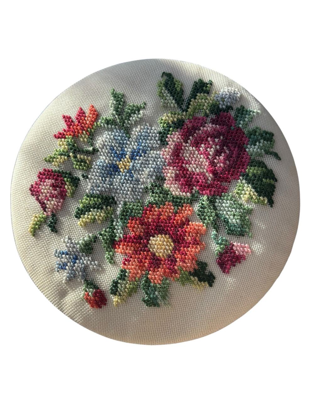 Vintage Floral Needlepoint Satin Box For Trinkets Jewelry or Sewing Notions